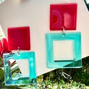 Bold Red & Aqua Pool Blue Square Acrylic Dangle Earrings